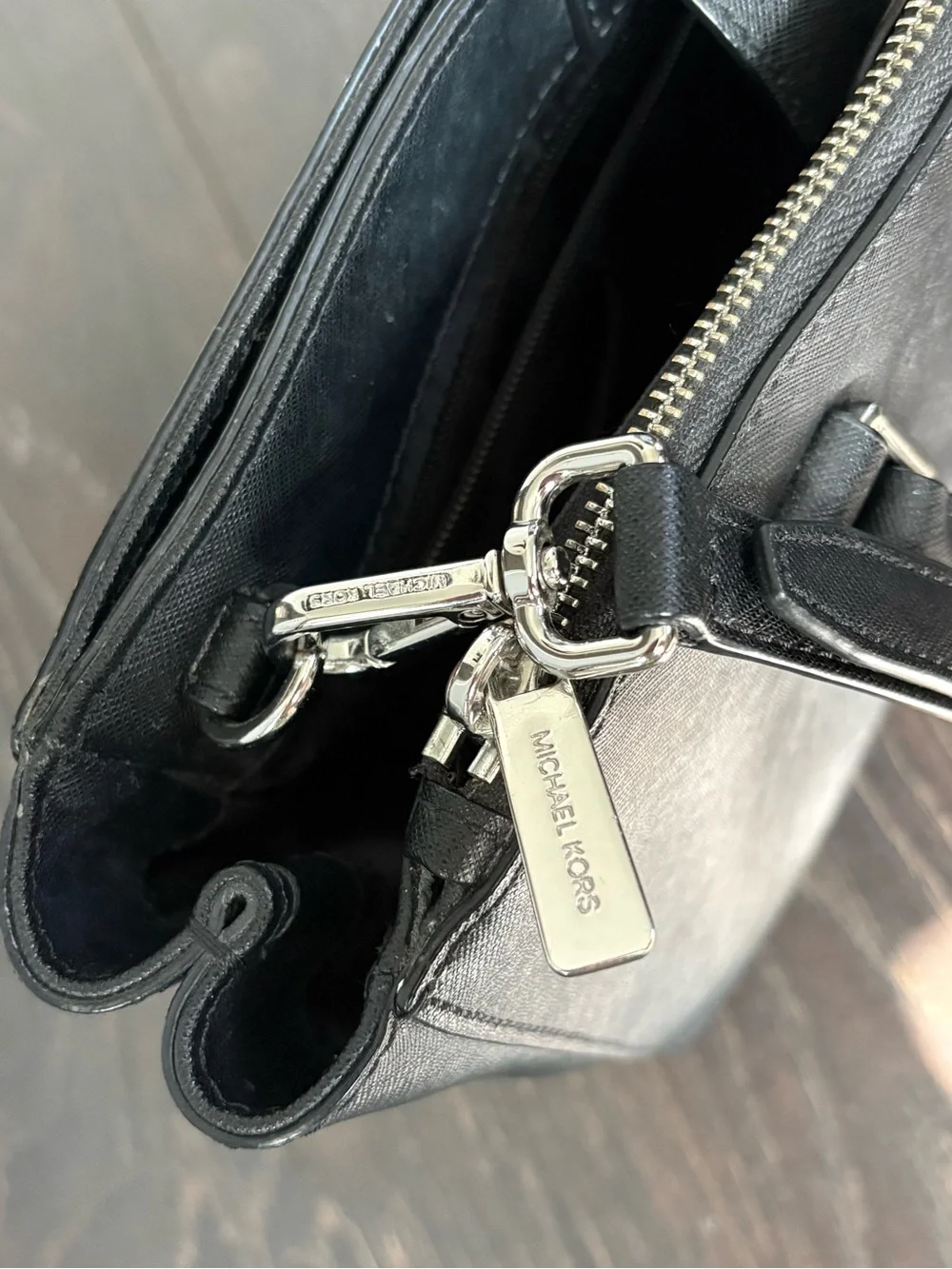 Michael Kors Black Saffiano Leather Purse With Silver Hardware & Crossbody Strap